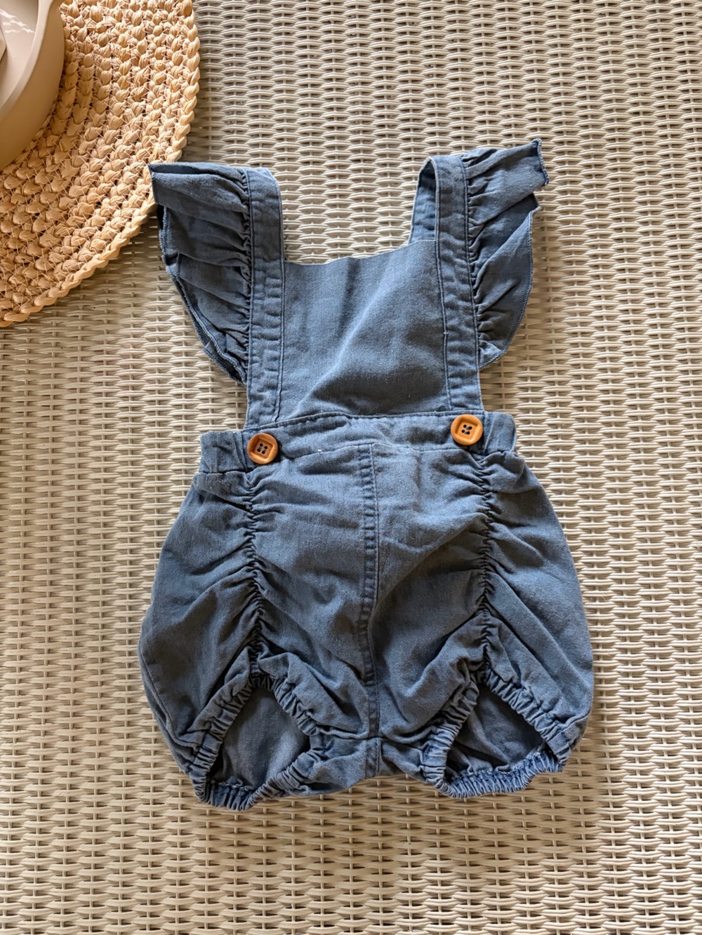 Girls Denim-Style Ruffle Bubble Romper - Slate Blue